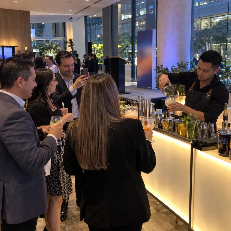 Bartender sirviendo cócteles en el lanzamiento de una empresa en Bogotá