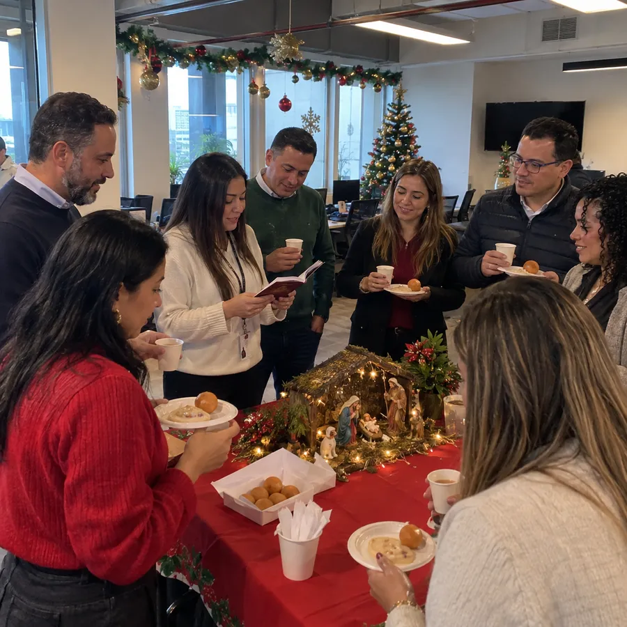 Novena navideña en una oficina de Bogotá con pesebre, natilla y buñuelos